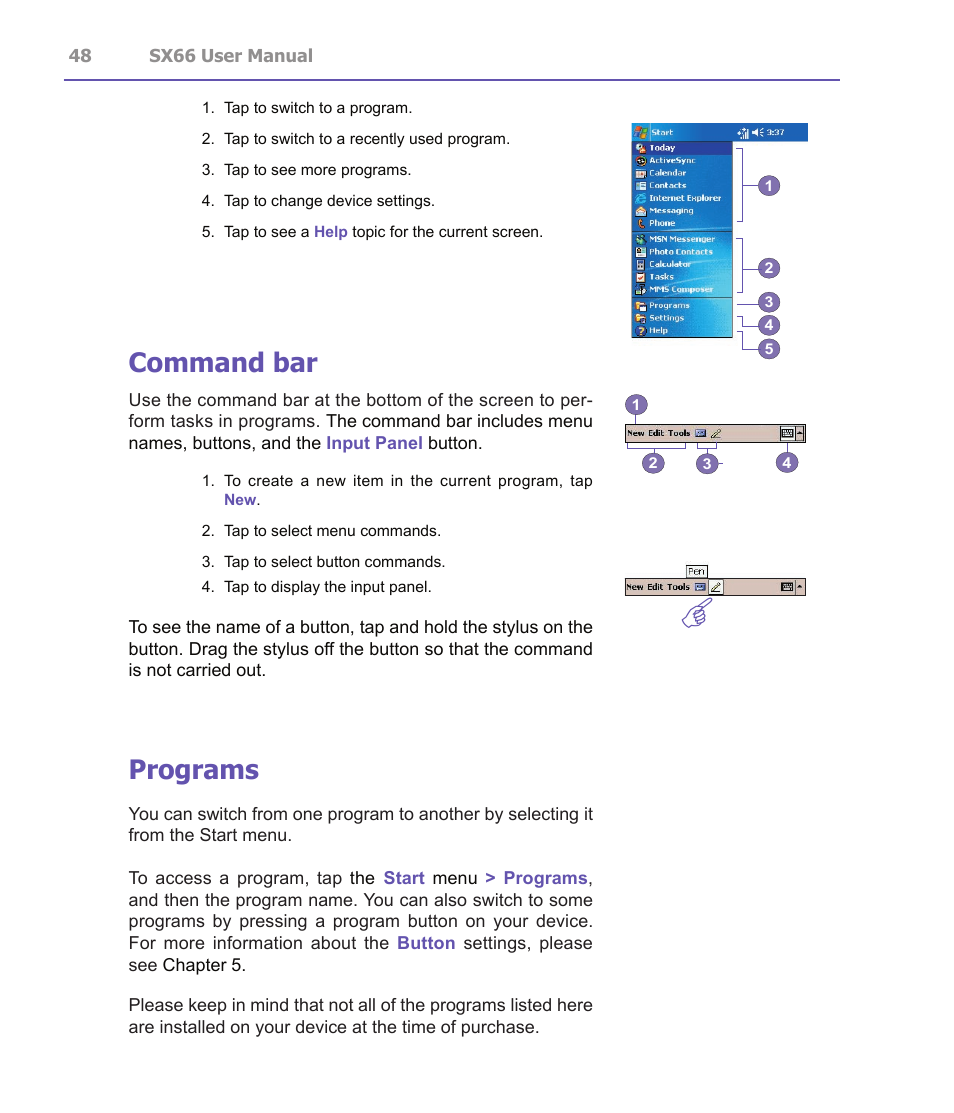 Command bar, Programs | Siemens SX66 User Manual | Page 48 / 179