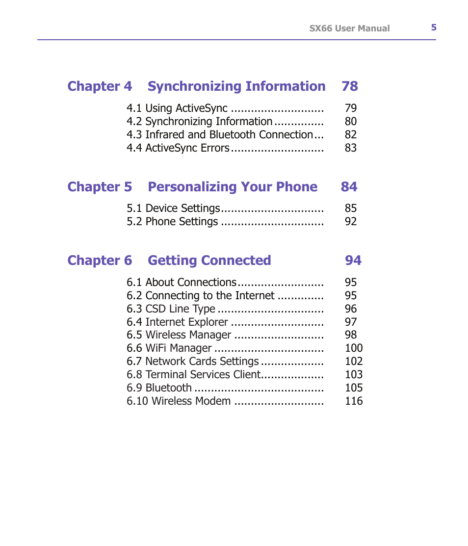 Chapter 4 synchronizing information 78, Chapter 5 personalizing your phone 84, Chapter 6 getting connected 94 | Siemens SX66 User Manual | Page 5 / 179