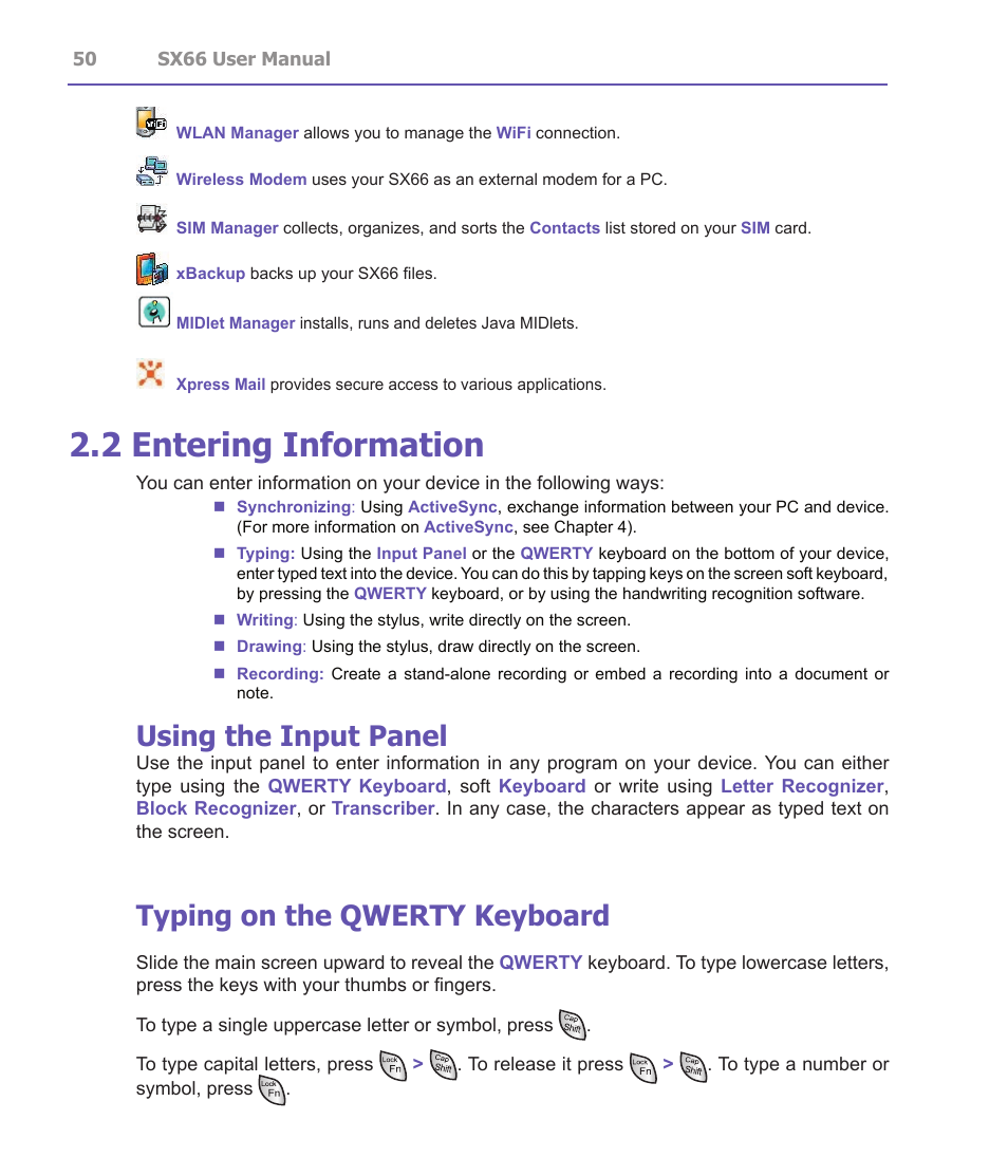 2 entering information, Using the input panel, Typing on the qwerty keyboard | Siemens SX66 User Manual | Page 50 / 179
