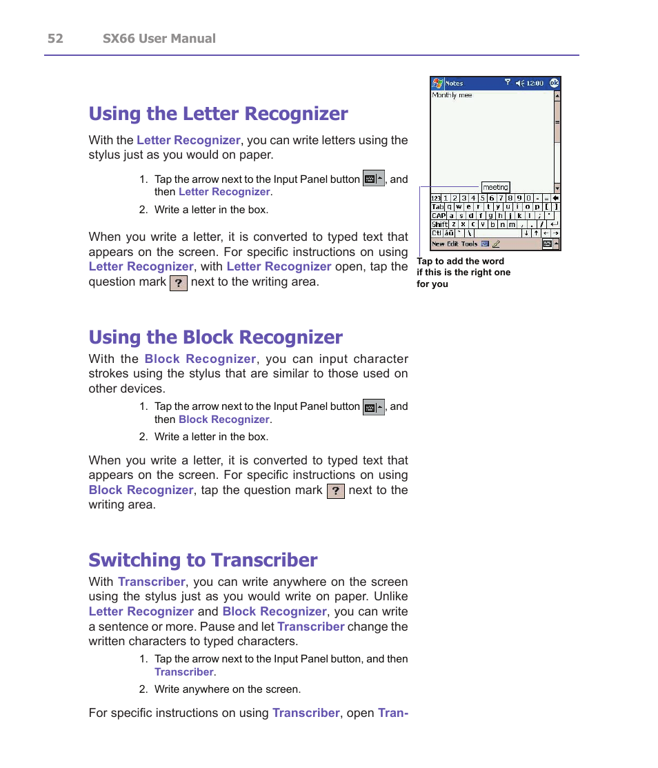 Using the letter recognizer, Using the block recognizer, Switching to transcriber | Siemens SX66 User Manual | Page 52 / 179