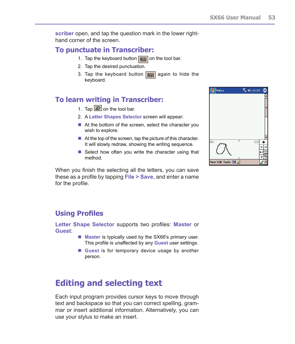 Editing and selecting text, Using profiles | Siemens SX66 User Manual | Page 53 / 179