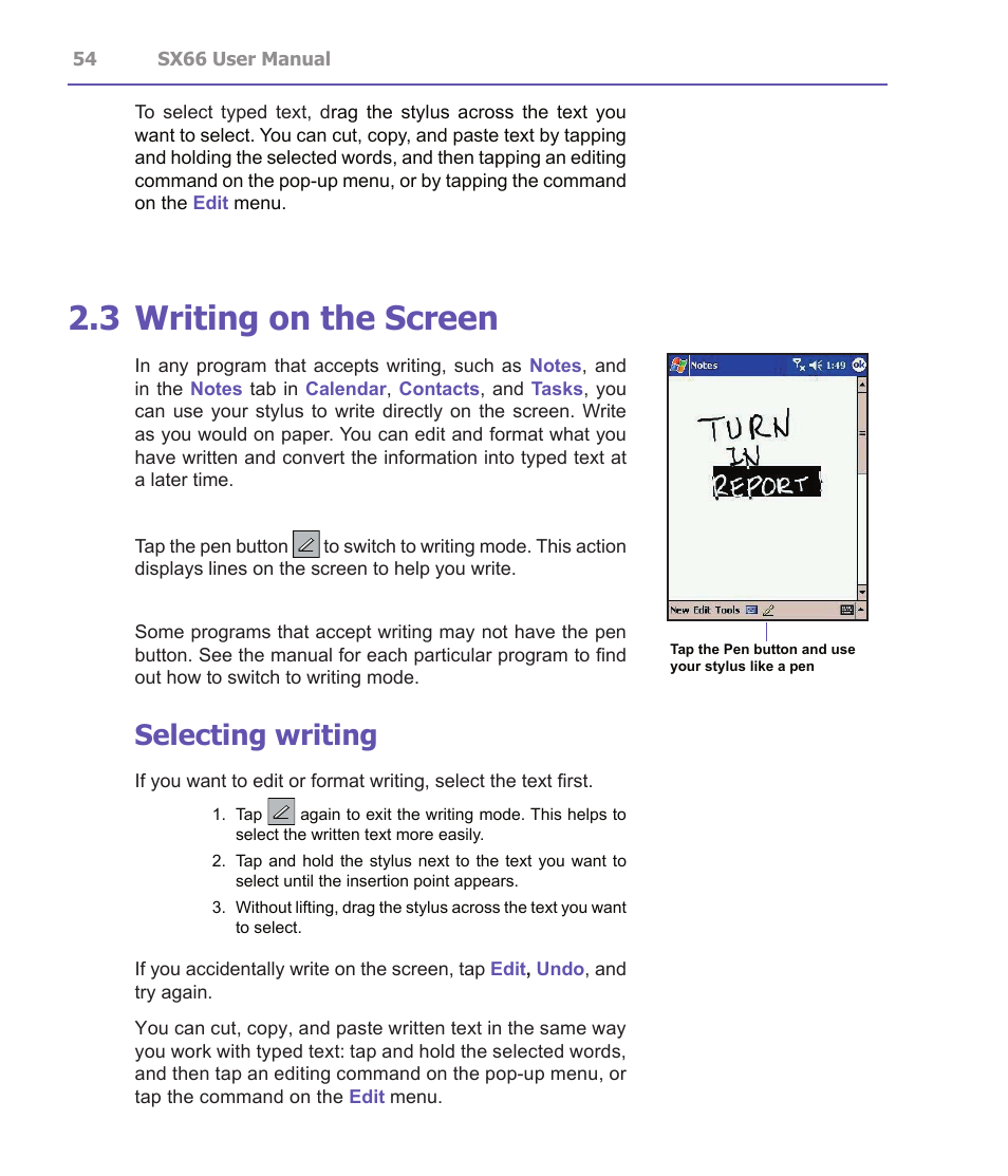 3 writing on the screen, Selecting writing | Siemens SX66 User Manual | Page 54 / 179