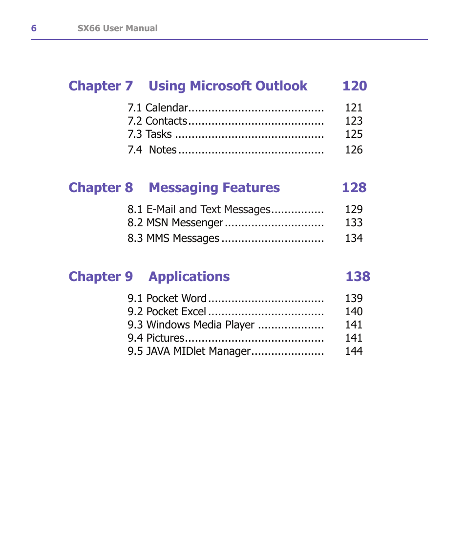 Chapter 7 using microsoft outlook 120, Chapter 8 messaging features 128, Chapter 9 applications 138 | Siemens SX66 User Manual | Page 6 / 179