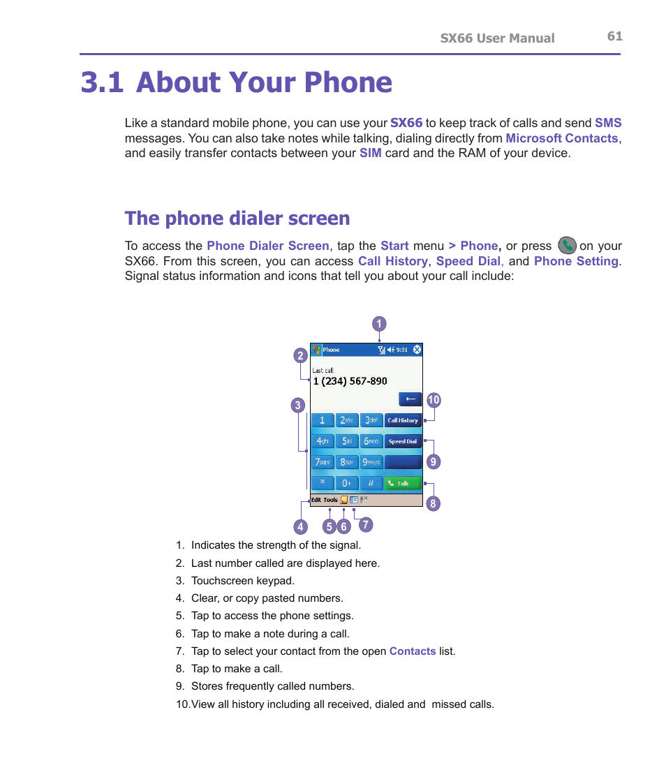 1 about your phone, The phone dialer screen | Siemens SX66 User Manual | Page 61 / 179