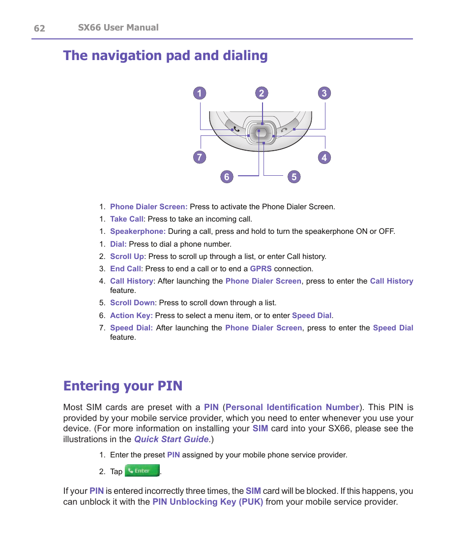 The navigation pad and dialing, Entering your pin | Siemens SX66 User Manual | Page 62 / 179