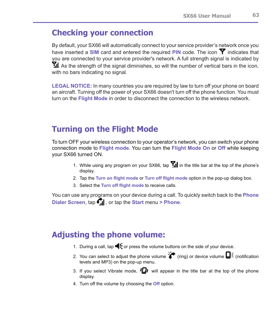 Checking your connection, Turning on the flight mode, Adjusting the phone volume | Siemens SX66 User Manual | Page 63 / 179