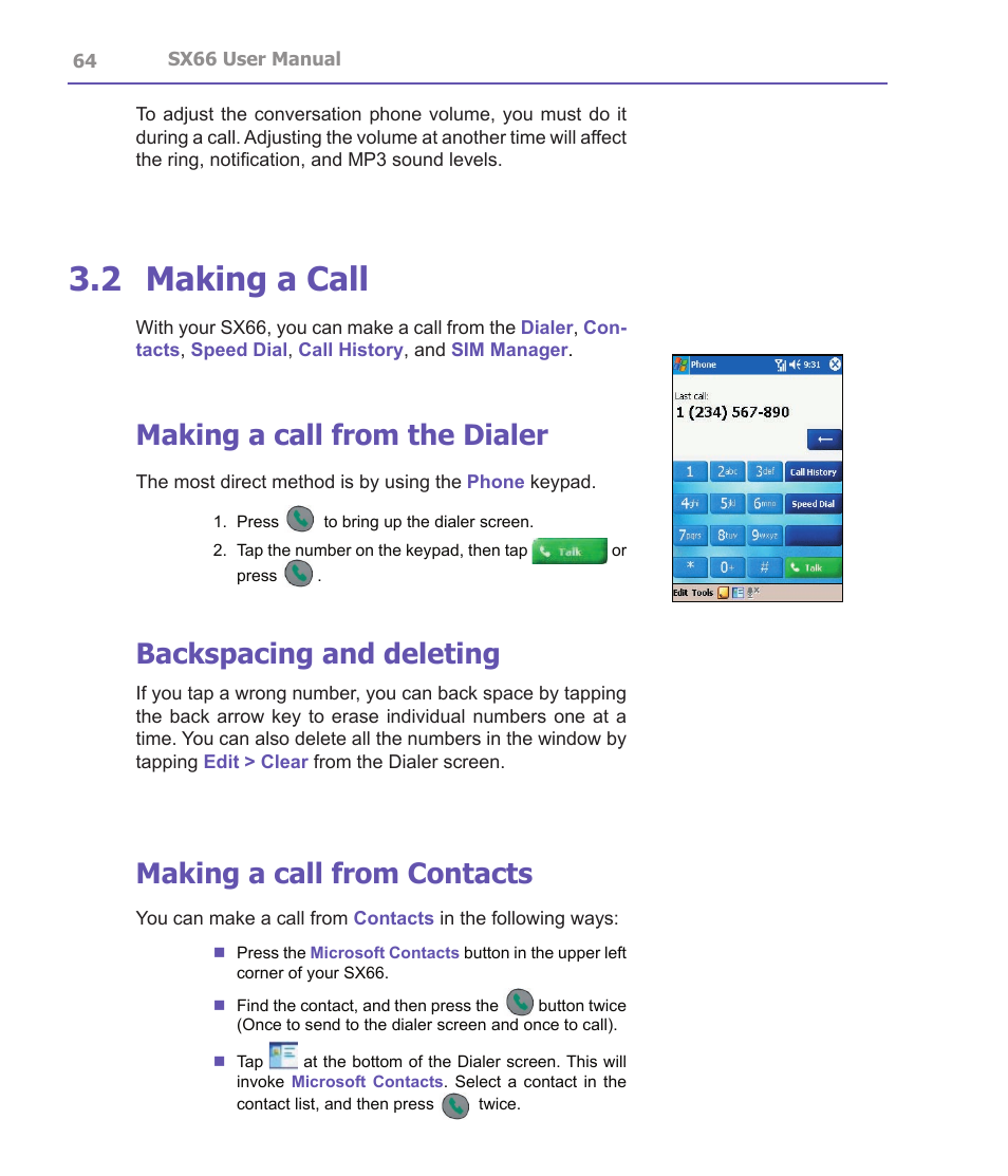2 making a call, Making a call from the dialer, Backspacing and deleting | Making a call from contacts | Siemens SX66 User Manual | Page 64 / 179
