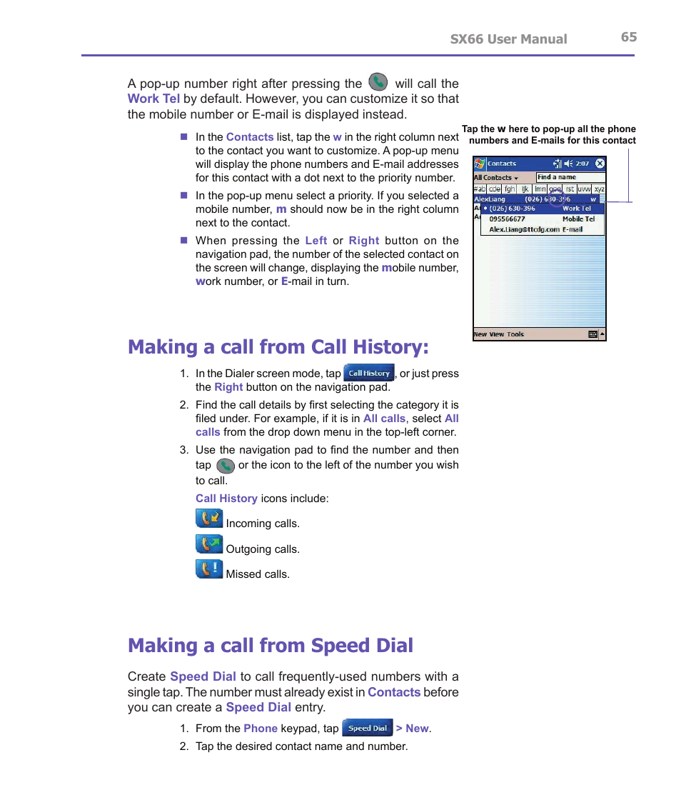 Making a call from call history, Making a call from speed dial | Siemens SX66 User Manual | Page 65 / 179