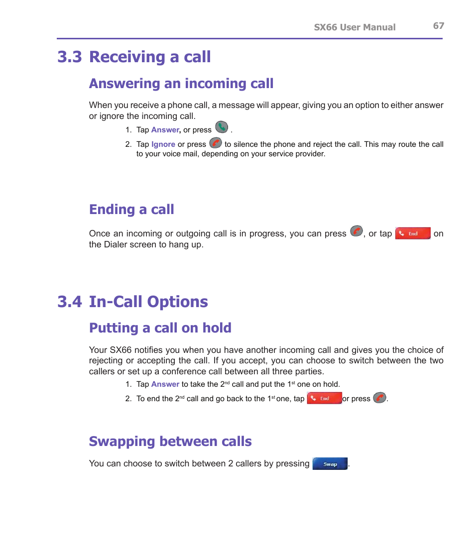 3 receiving a call, 4 in-call options, Answering an incoming call | Ending a call, Putting a call on hold, Swapping between calls | Siemens SX66 User Manual | Page 67 / 179