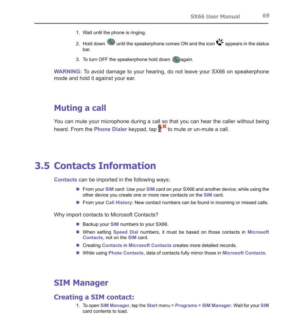 5 contacts information, Muting a call, Sim manager | Creating a sim contact | Siemens SX66 User Manual | Page 69 / 179