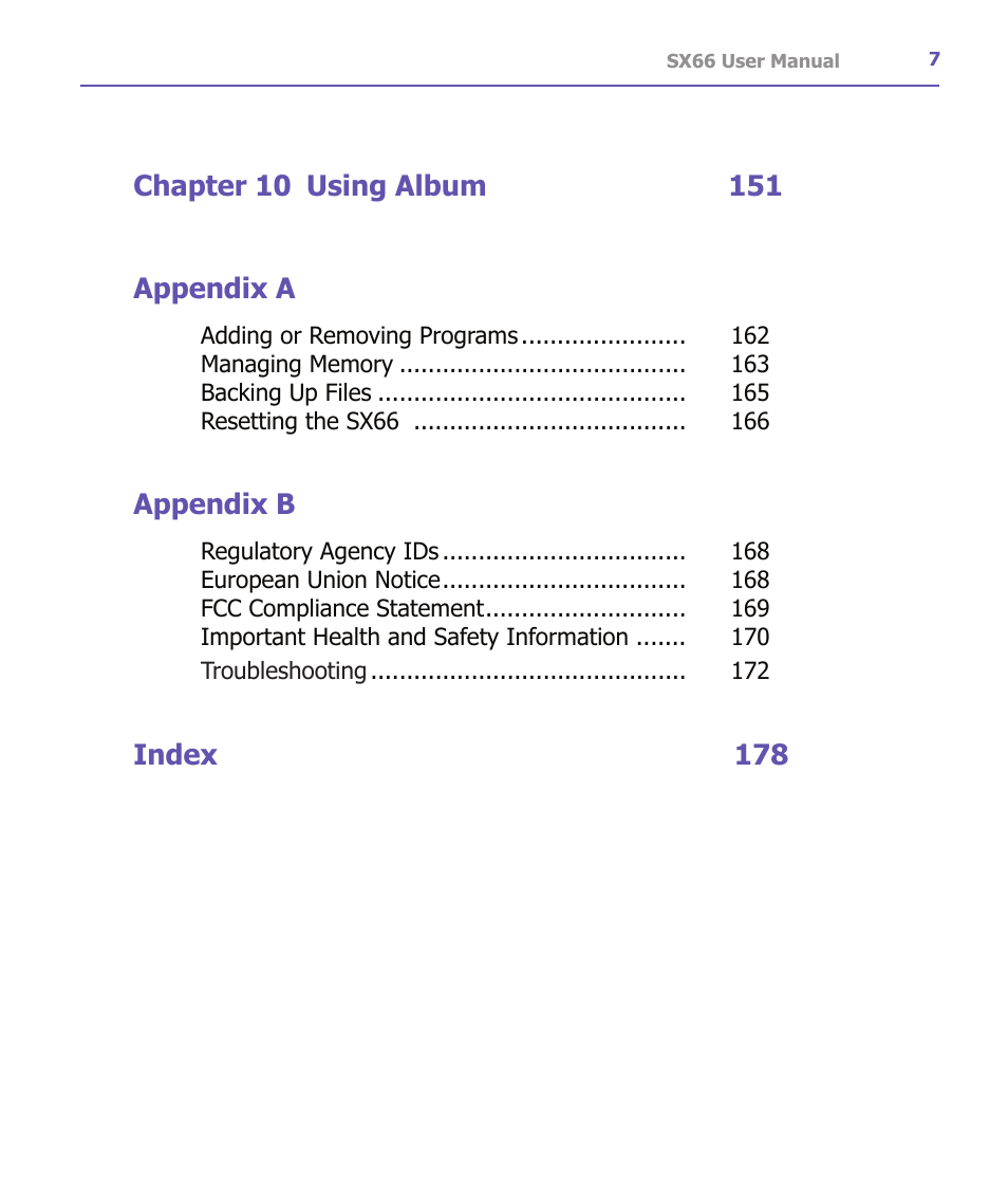 Appendix b, Index 178 | Siemens SX66 User Manual | Page 7 / 179