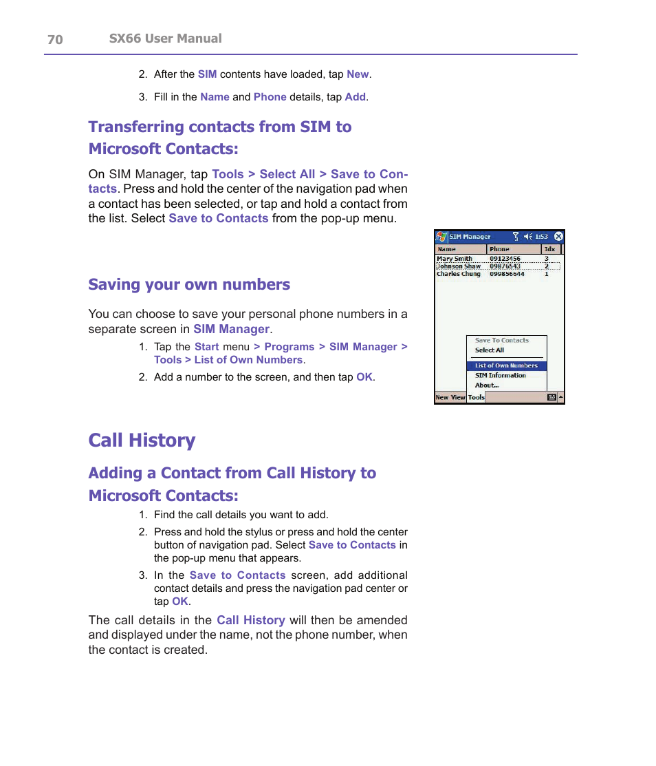 Call history, Saving your own numbers | Siemens SX66 User Manual | Page 70 / 179