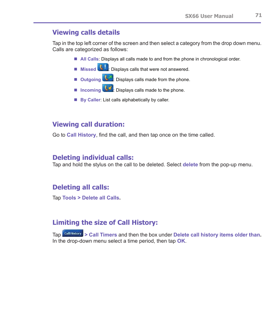 Viewing calls details, Viewing call duration, Deleting individual calls | Deleting all calls, Limiting the size of call history | Siemens SX66 User Manual | Page 71 / 179