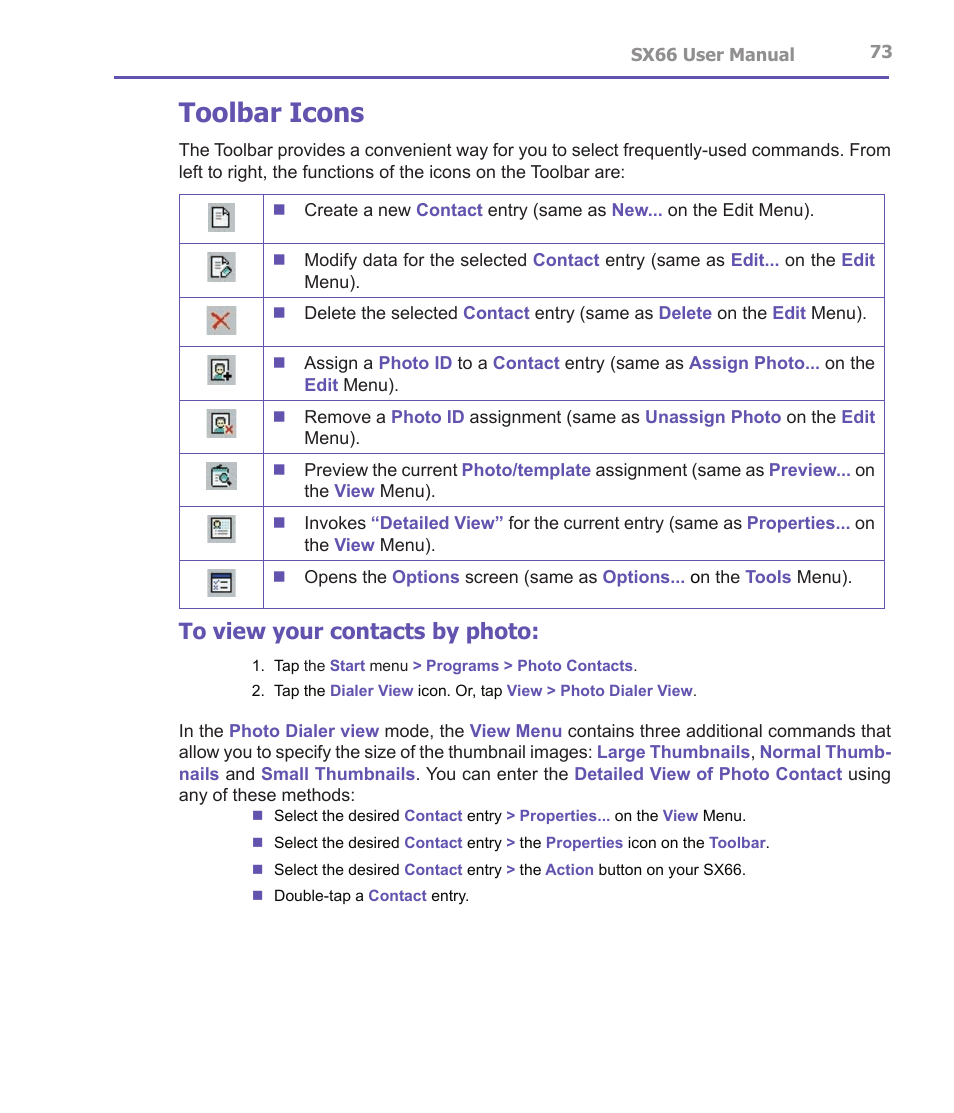 Toolbar icons | Siemens SX66 User Manual | Page 73 / 179