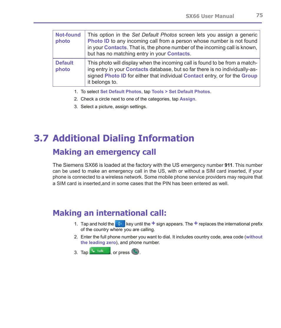 7 additional dialing information, Making an emergency call, Making an international call | Siemens SX66 User Manual | Page 75 / 179