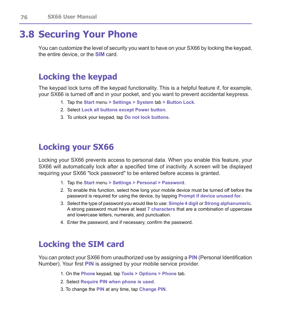 8 securing your phone, Locking the keypad, Locking your sx66 | Locking the sim card | Siemens SX66 User Manual | Page 76 / 179