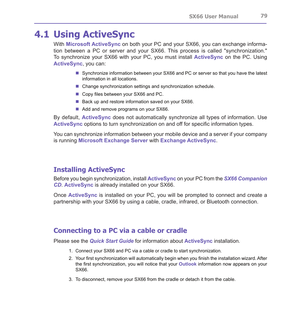 1 using activesync, Installing activesync, Connecting to a pc via a cable or cradle | Siemens SX66 User Manual | Page 79 / 179