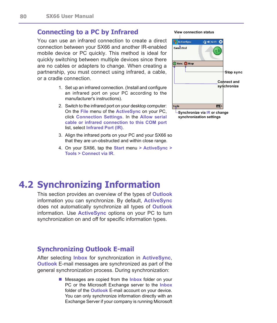 2 synchronizing information, Connecting to a pc by infrared, Synchronizing outlook e-mail | Siemens SX66 User Manual | Page 80 / 179