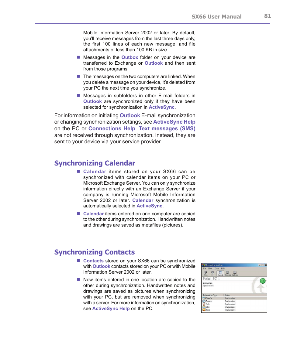 Synchronizing calendar, Synchronizing contacts | Siemens SX66 User Manual | Page 81 / 179