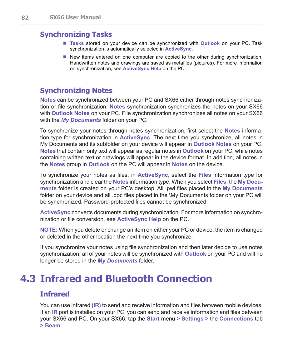 3 infrared and bluetooth connection, Synchronizing tasks, Infrared | Siemens SX66 User Manual | Page 82 / 179