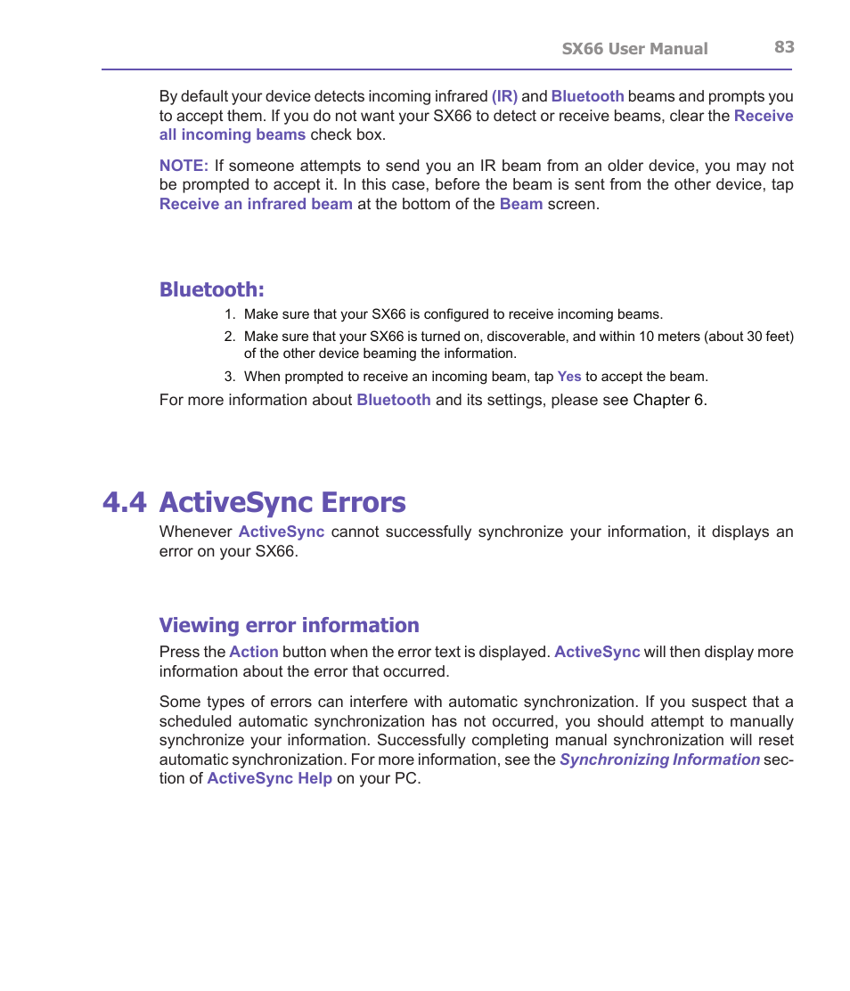 4 activesync errors, Bluetooth, Viewing error information | Siemens SX66 User Manual | Page 83 / 179