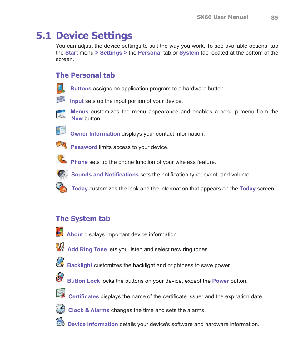 1 device settings, The personal tab, The system tab | Siemens SX66 User Manual | Page 85 / 179