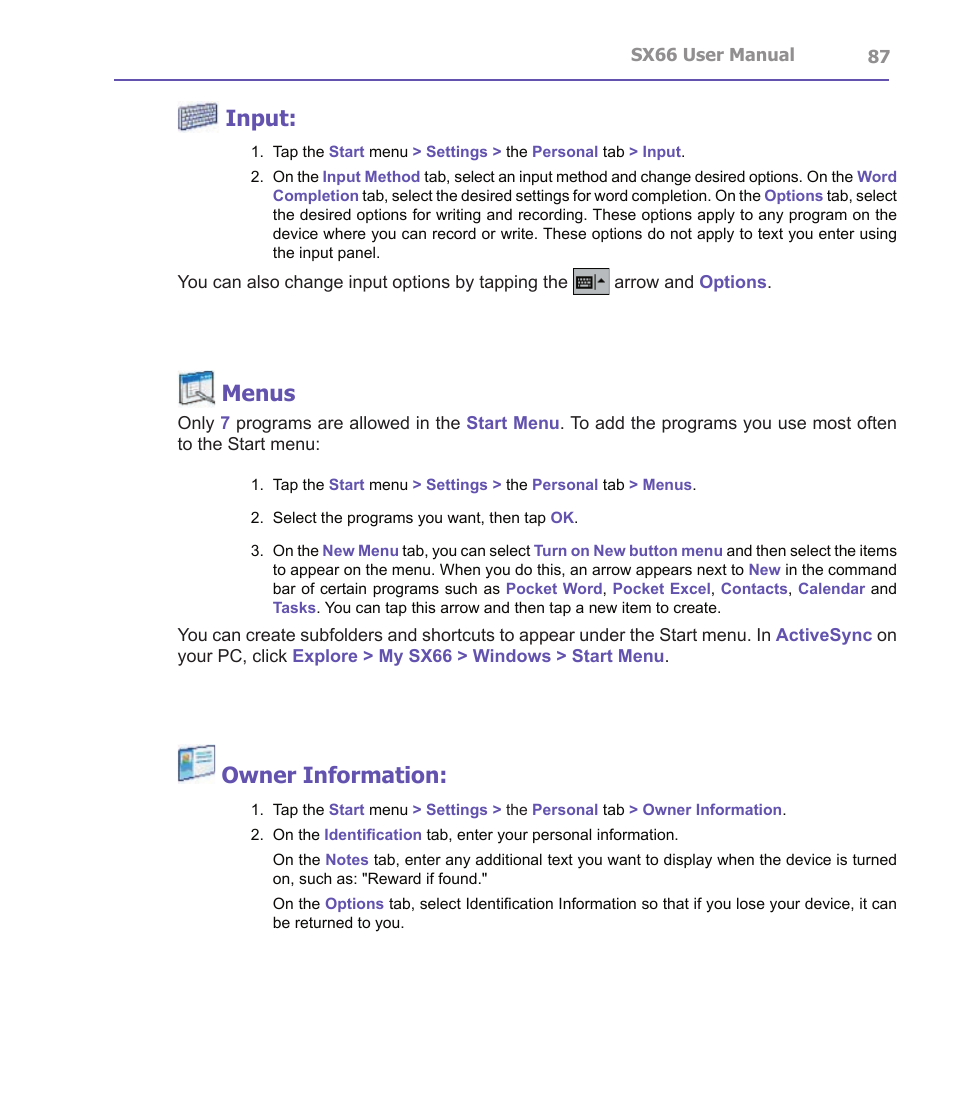 Input, Menus, Owner information | Siemens SX66 User Manual | Page 87 / 179