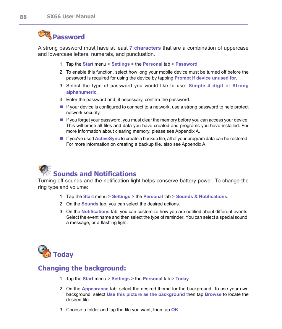Password, Sounds and notifications, Today changing the background | Siemens SX66 User Manual | Page 88 / 179