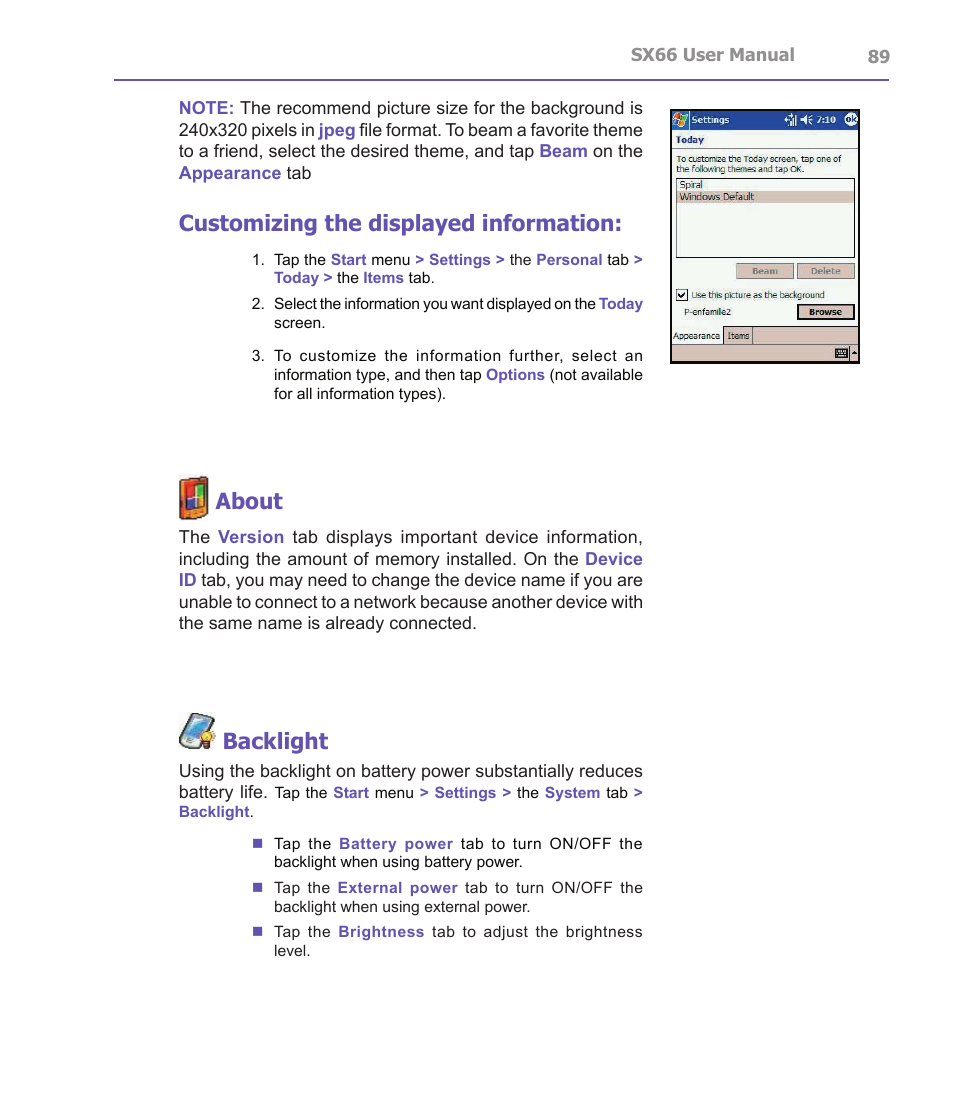 Customizing the displayed information, About, Backlight | Siemens SX66 User Manual | Page 89 / 179