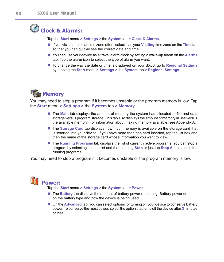 Clock & alarms, Power | Siemens SX66 User Manual | Page 90 / 179