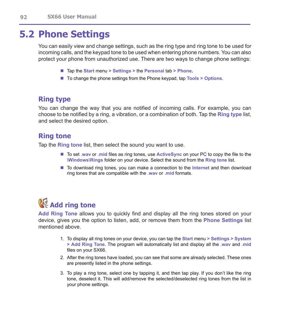 2 phone settings, Ring type, Ring tone | Add ring tone | Siemens SX66 User Manual | Page 92 / 179