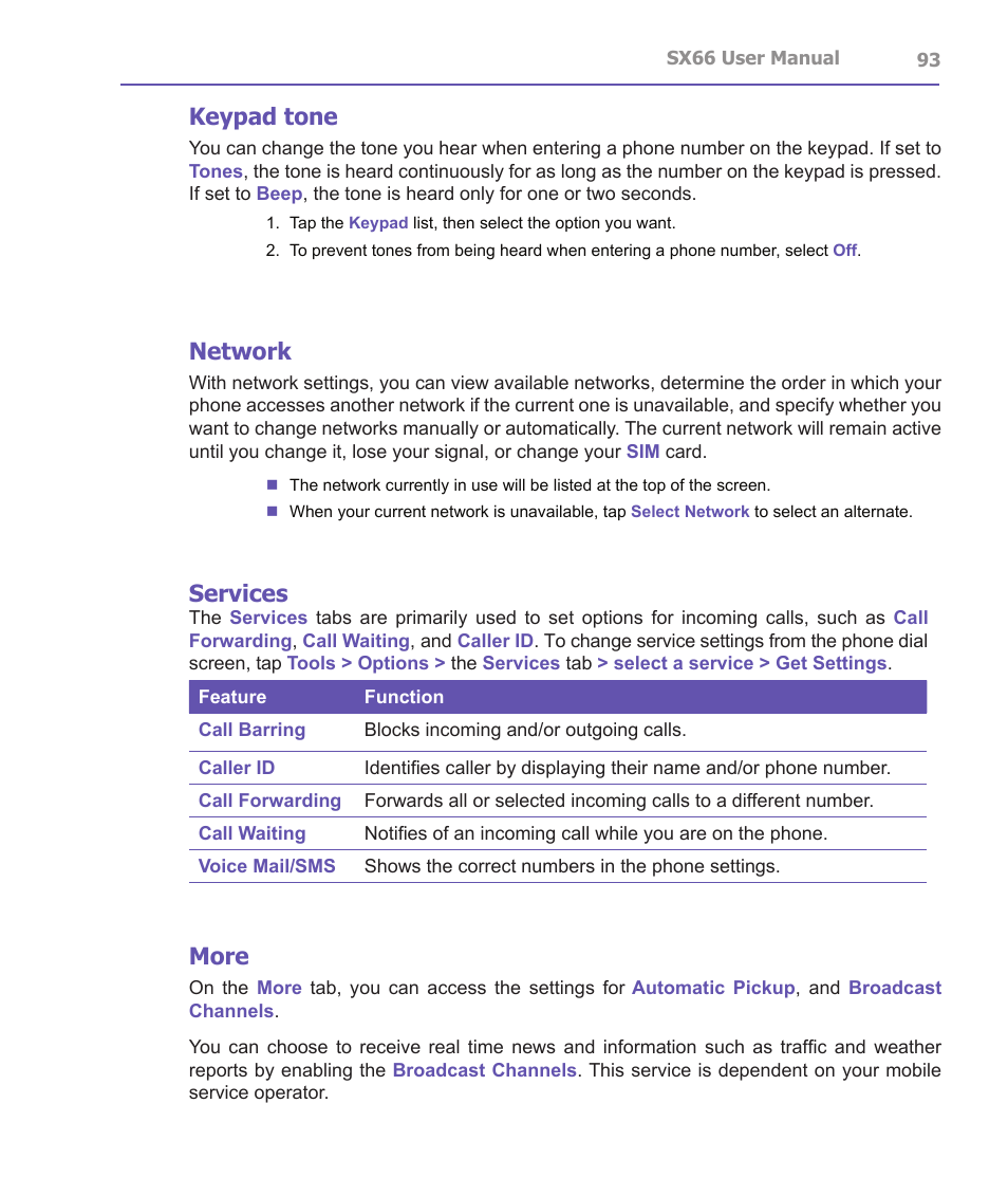 Keypad tone, Network, Services | More | Siemens SX66 User Manual | Page 93 / 179