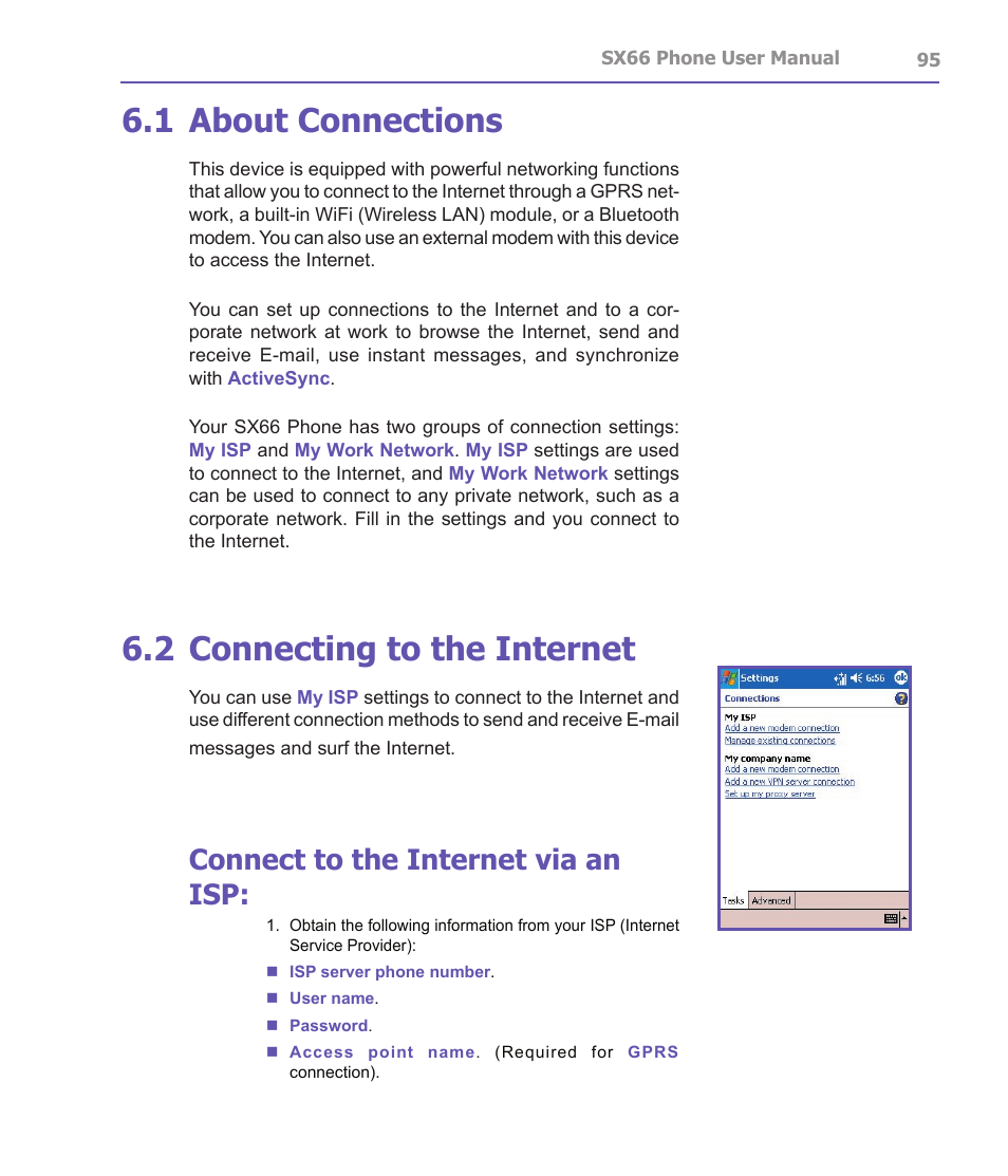 1 about connections, 2 connecting to the internet, Connect to the internet via an isp | Siemens SX66 User Manual | Page 95 / 179