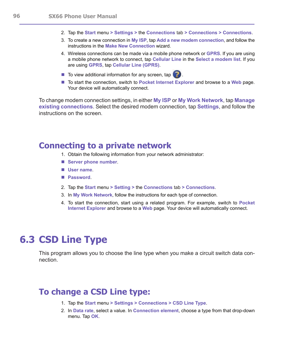 3 csd line type, Connecting to a private network | Siemens SX66 User Manual | Page 96 / 179
