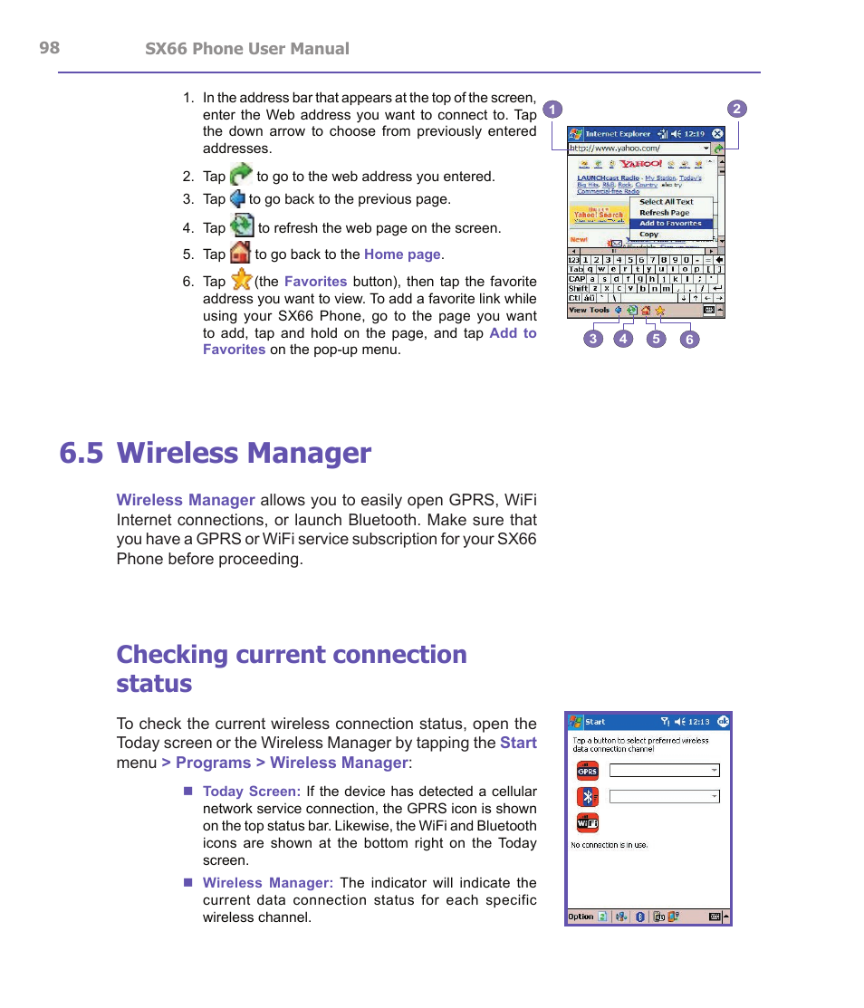5 wireless manager, Checking current connection status | Siemens SX66 User Manual | Page 98 / 179