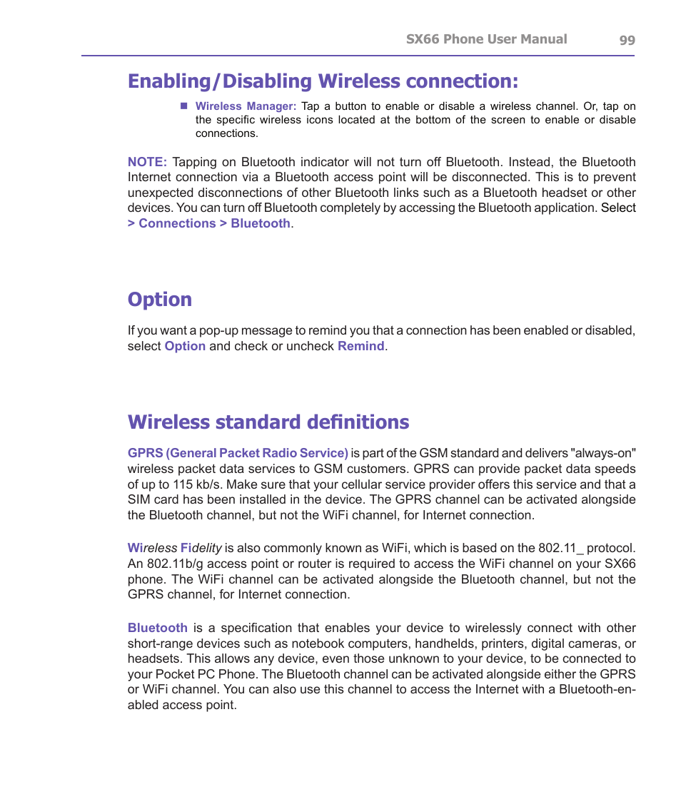 Enabling/disabling wireless connection, Option, Wireless standard definitions | Siemens SX66 User Manual | Page 99 / 179