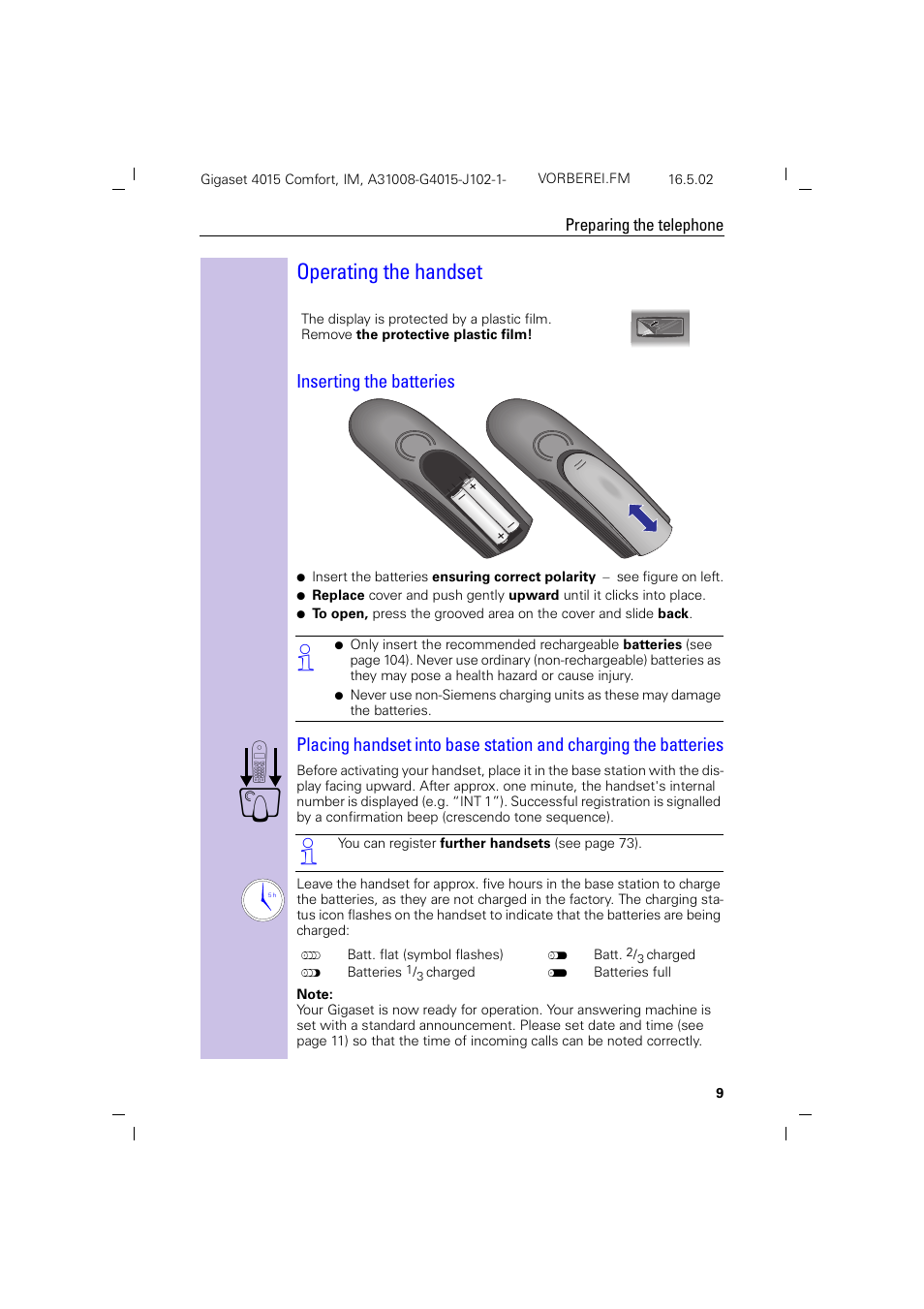 Operating the handset, Inserting the batteries | Siemens 4015 User Manual | Page 10 / 121