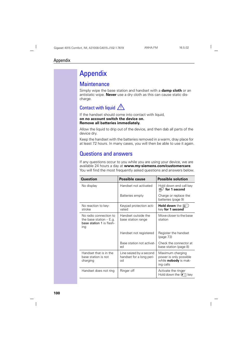 Appendix, Maintenance, Contact with liquid | Questions and answers, Maintenance questions and answers | Siemens 4015 User Manual | Page 101 / 121