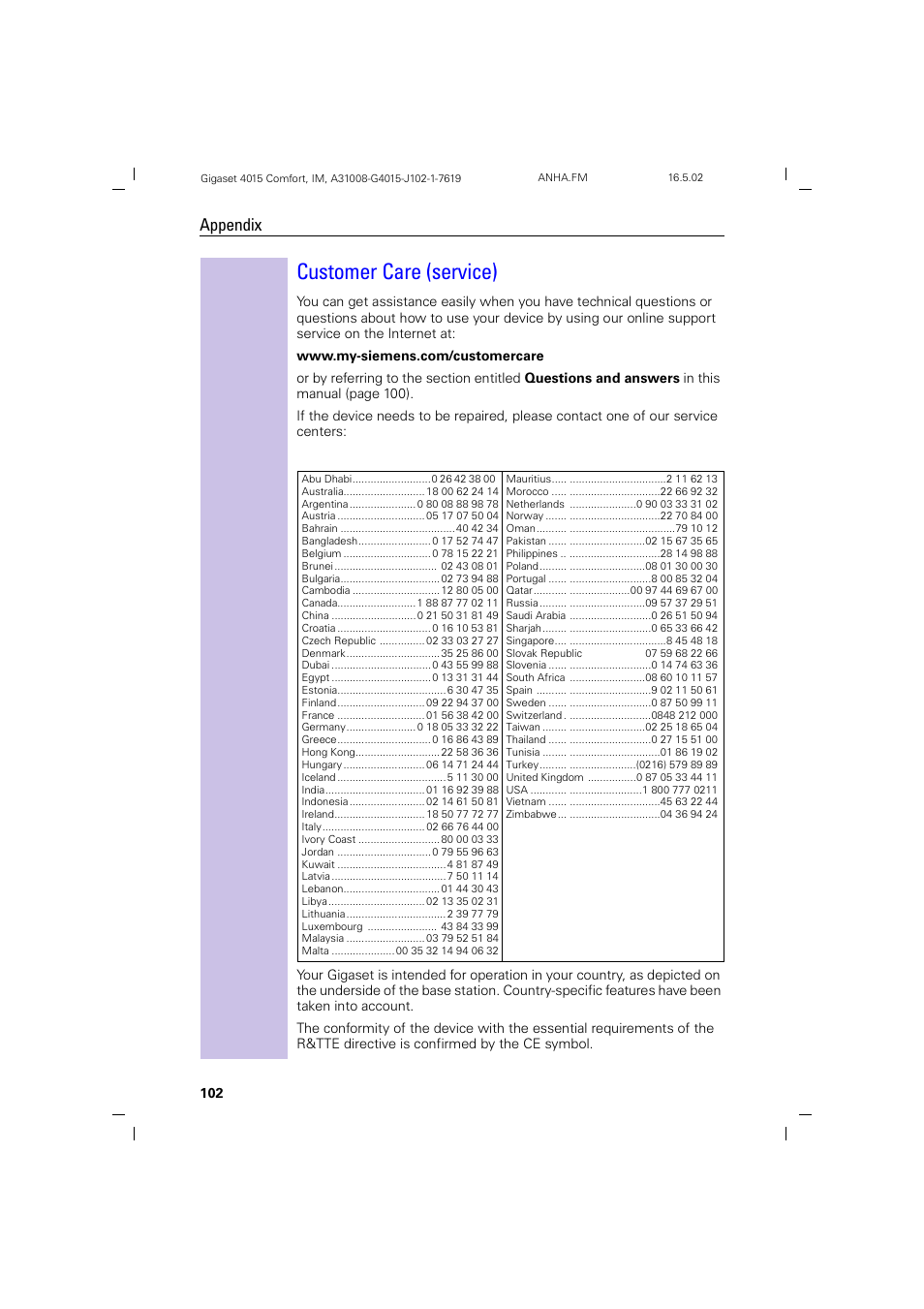 Customer care (service), Appendix | Siemens 4015 User Manual | Page 103 / 121