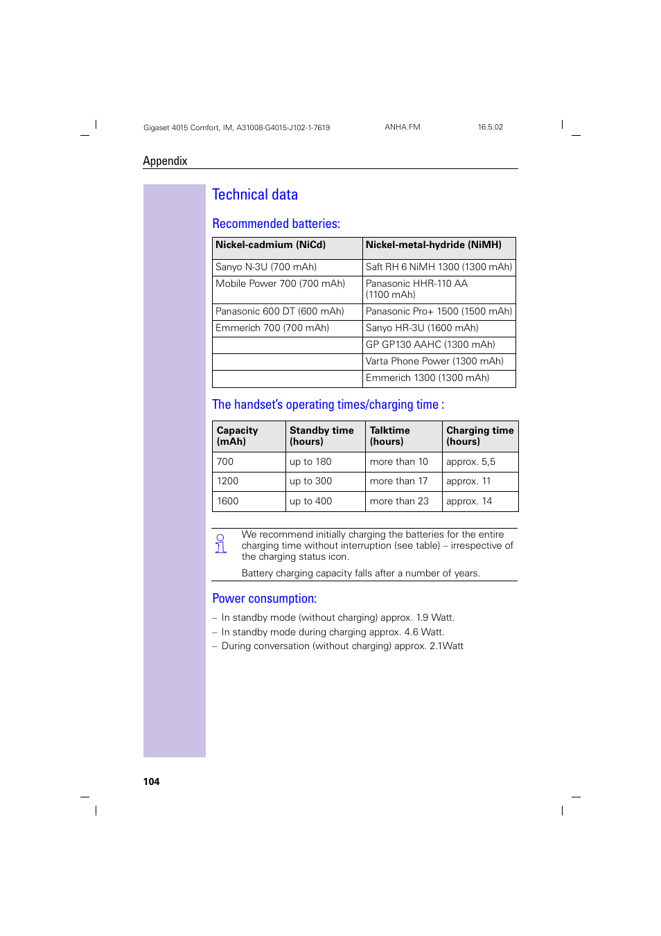 Technical data, Recommended batteries, The handset’s operating times/charging time | Power consumption | Siemens 4015 User Manual | Page 105 / 121