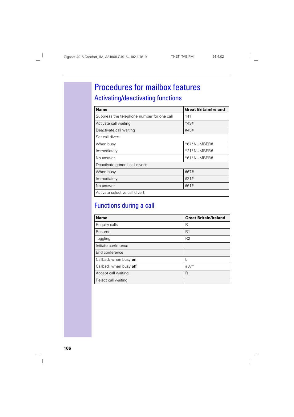 Procedures for mailbox features, Activating/deactivating functions, Functions during a call | Siemens 4015 User Manual | Page 107 / 121