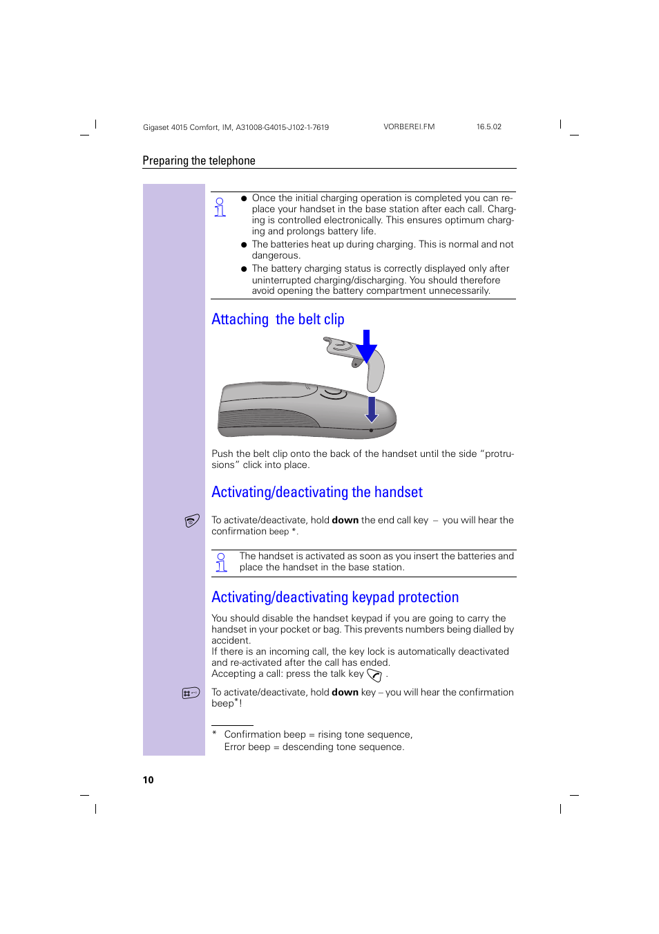 Attaching the belt clip, Activating/deactivating the handset, Activating/deactivating keypad protection | Siemens 4015 User Manual | Page 11 / 121