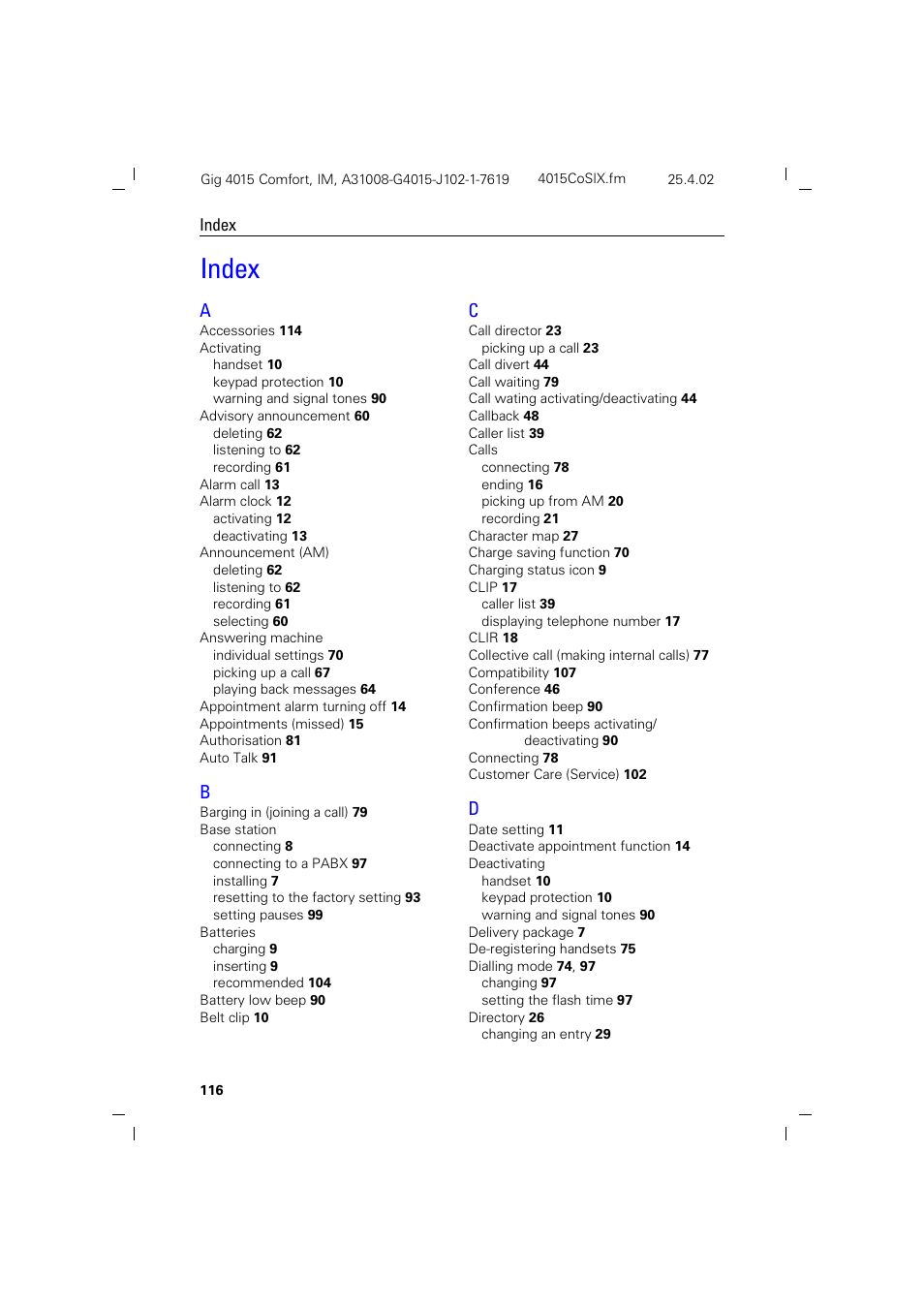 Index | Siemens 4015 User Manual | Page 117 / 121