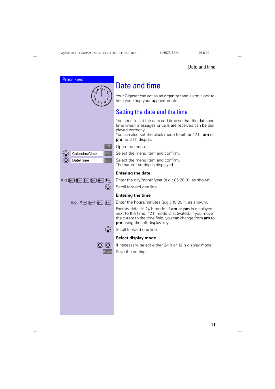 Date and time, Setting the date and the time | Siemens 4015 User Manual | Page 12 / 121