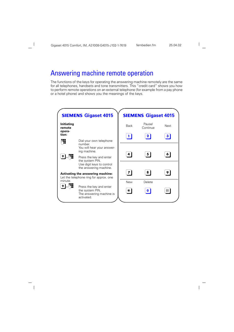 Answering machine remote operation | Siemens 4015 User Manual | Page 120 / 121