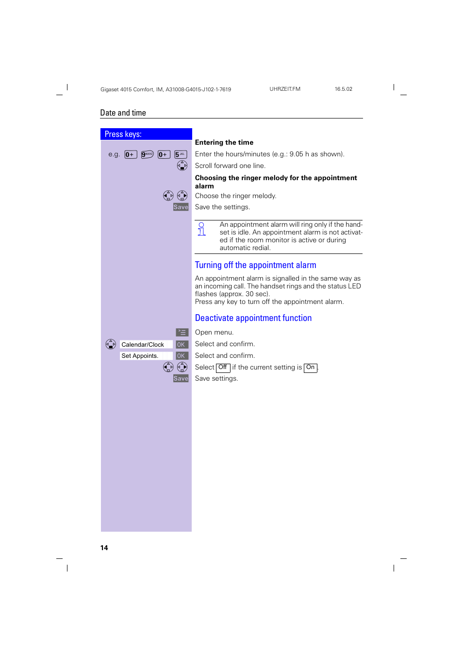 Turning off the appointment alarm, Deactivate appointment function, Ю ¬ ю | Siemens 4015 User Manual | Page 15 / 121