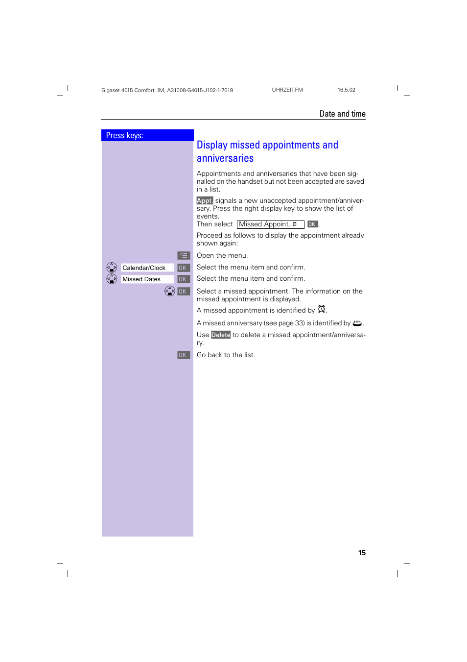 Display missed appointments and anniversaries | Siemens 4015 User Manual | Page 16 / 121