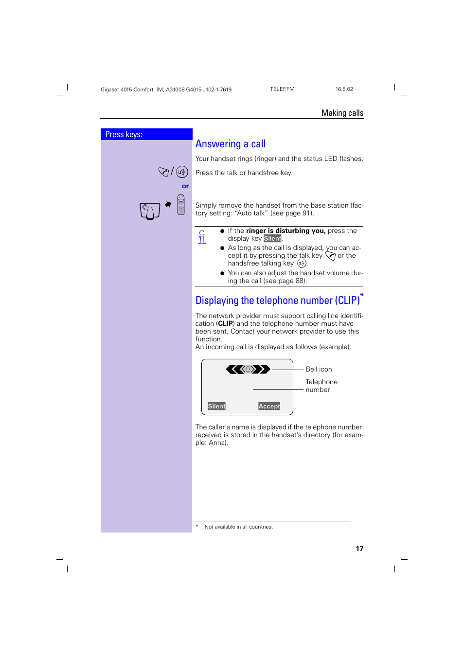 Answering a call, Displaying the telephone number (clip) | Siemens 4015 User Manual | Page 18 / 121