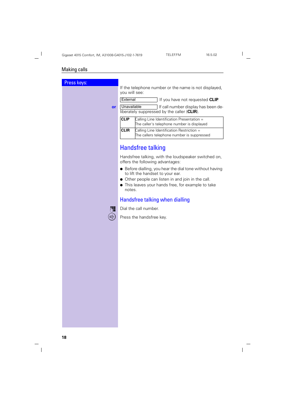 Handsfree talking, Handsfree talking when dialling | Siemens 4015 User Manual | Page 19 / 121