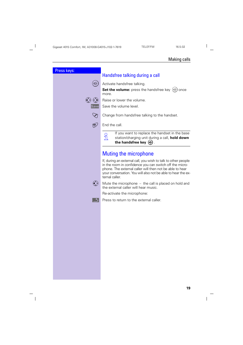 Handsfree talking during a call, Muting the microphone | Siemens 4015 User Manual | Page 20 / 121